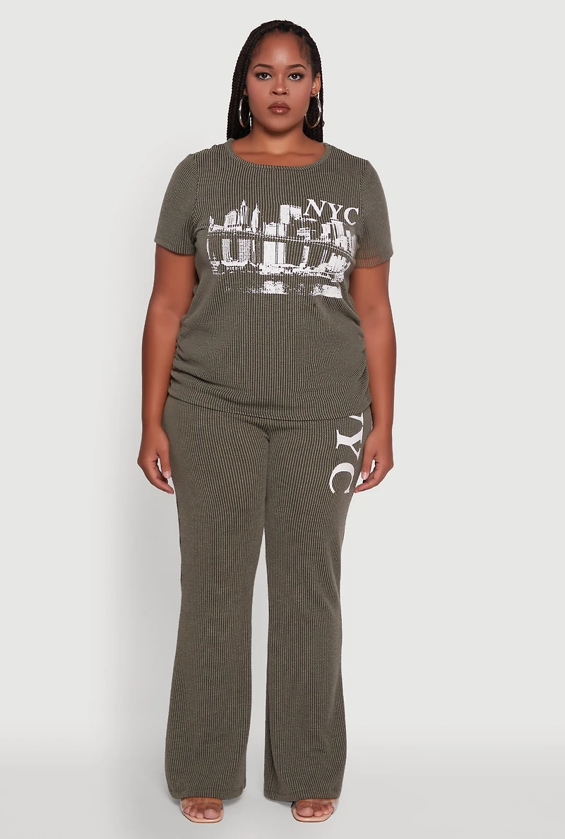 Womens Plus Size Ribbed Knit NYC Bridge Graphic Tee, Green, Size 2X