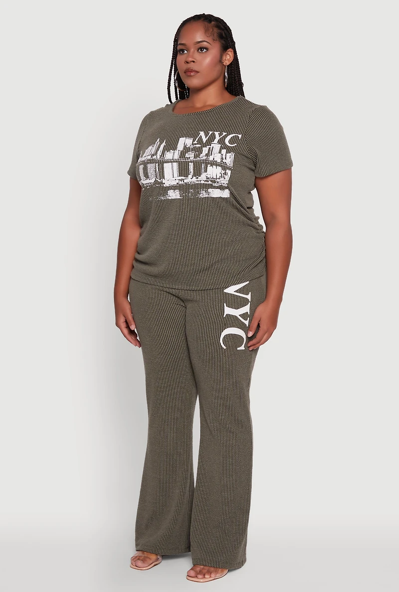 Womens Plus Size Ribbed Knit NYC Bridge Graphic Tee, Green, Size 2X