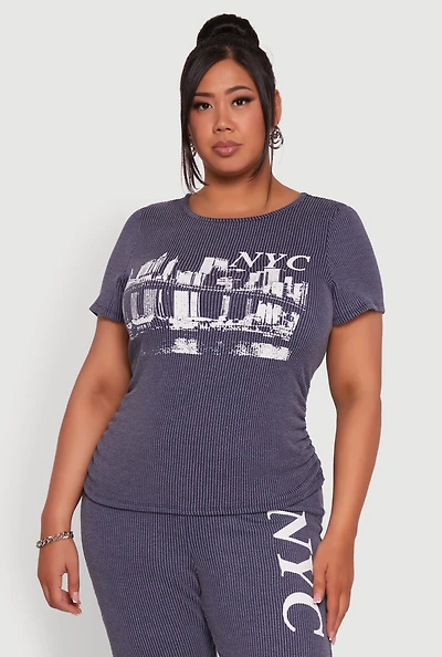 Womens Plus Size Ribbed Knit NYC Bridge Graphic Tee, Blue, Size 1X