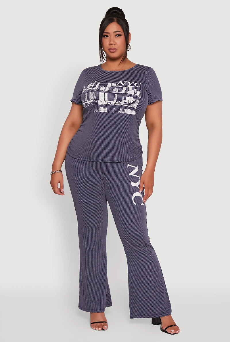Womens Plus Size Ribbed Knit NYC Bridge Graphic Tee, Blue, Size 1X