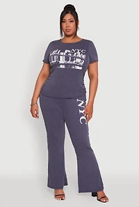 Womens Plus Size Ribbed Knit NYC Bridge Graphic Tee, Blue, Size 2X