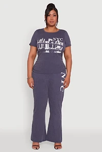 Womens Plus Size Ribbed Knit NYC Bridge Graphic Tee, Blue, Size 1X