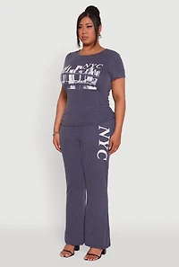 Womens Plus Size Ribbed Knit NYC Bridge Graphic Tee, Blue, Size 2X