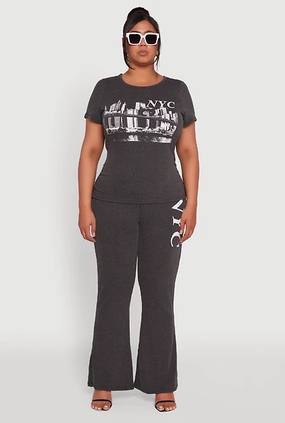 Womens Plus NYC Graphic High Waisted Ribbed Knit Flare Pants,