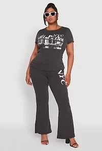 Womens Plus NYC Graphic High Waisted Ribbed Knit Flare Pants,