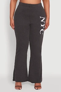 Womens Plus NYC Graphic High Waisted Ribbed Knit Flare Pants,