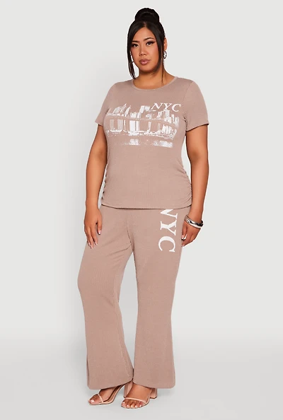 Womens Plus Size NYC Graphic High Waisted Ribbed Knit Flare Pants, Khaki, Size 1X