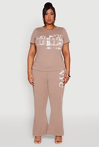 Womens Plus Size NYC Graphic High Waisted Ribbed Knit Flare Pants, Khaki, Size 1X