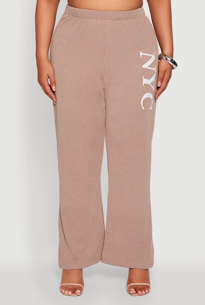 Womens Plus Size NYC Graphic High Waisted Ribbed Knit Flare Pants, Khaki, Size 3X