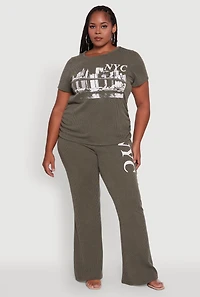 Womens Plus NYC Graphic High Waisted Ribbed Knit Flare Pants, 3X