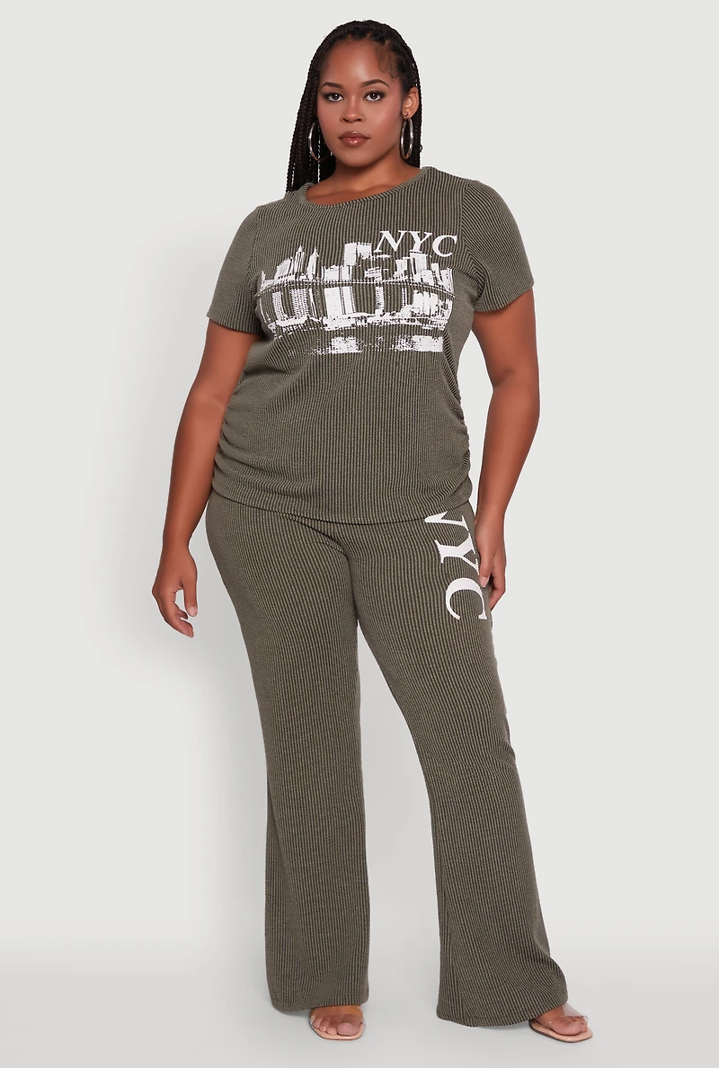 Womens Plus Size NYC Graphic High Waisted Ribbed Knit Flare Pants, Green, Size 3X