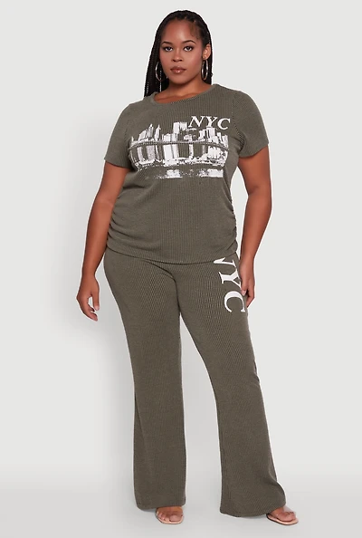 Womens Plus NYC Graphic High Waisted Ribbed Knit Flare Pants,