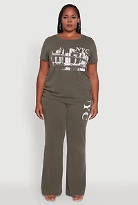 Womens Plus NYC Graphic High Waisted Ribbed Knit Flare Pants, Green,