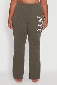 Womens Plus NYC Graphic High Waisted Ribbed Knit Flare Pants, Green,