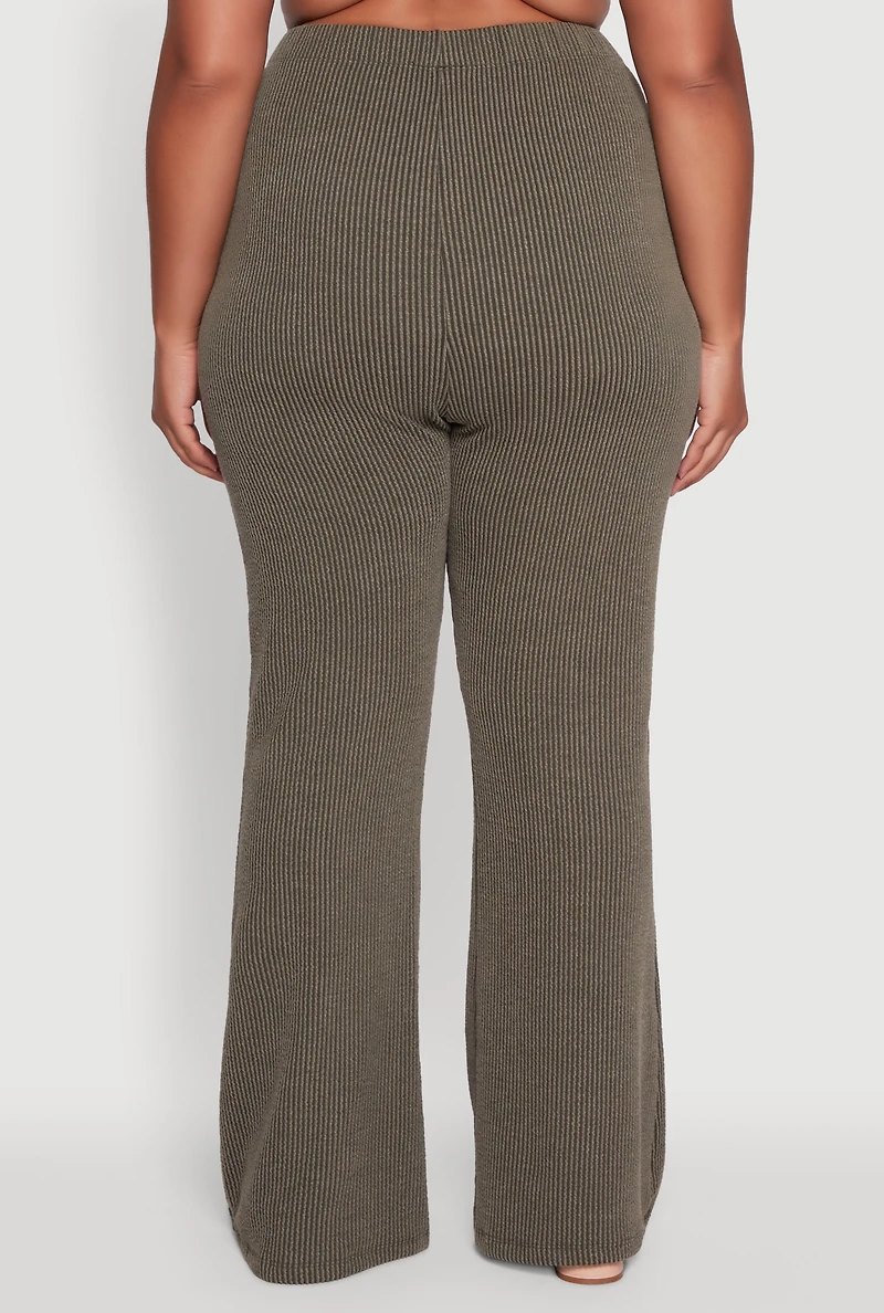 Womens Plus NYC Graphic High Waisted Ribbed Knit Flare Pants, Green,