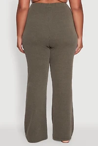 Womens Plus NYC Graphic High Waisted Ribbed Knit Flare Pants, Green,