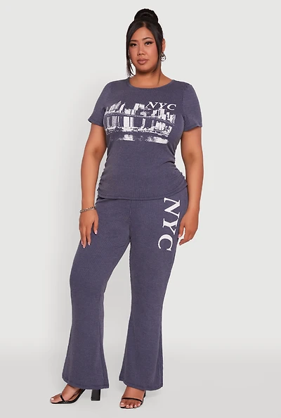 Womens Plus NYC Graphic High Waisted Ribbed Knit Flare Pants,