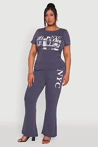 Womens Plus Size NYC Graphic High Waisted Ribbed Knit Flare Pants, Blue, Size 2X