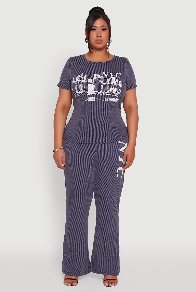 Womens Plus Size NYC Graphic High Waisted Ribbed Knit Flare Pants, Blue, Size 2X