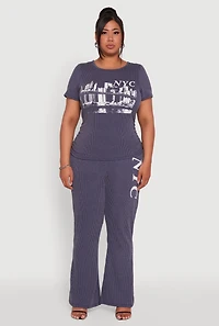 Womens Plus Size NYC Graphic High Waisted Ribbed Knit Flare Pants, Blue, Size 2X