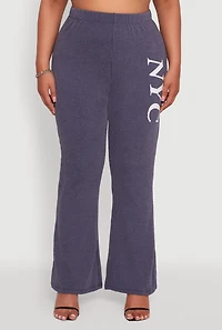 Womens Plus Size NYC Graphic High Waisted Ribbed Knit Flare Pants, Blue, Size 2X