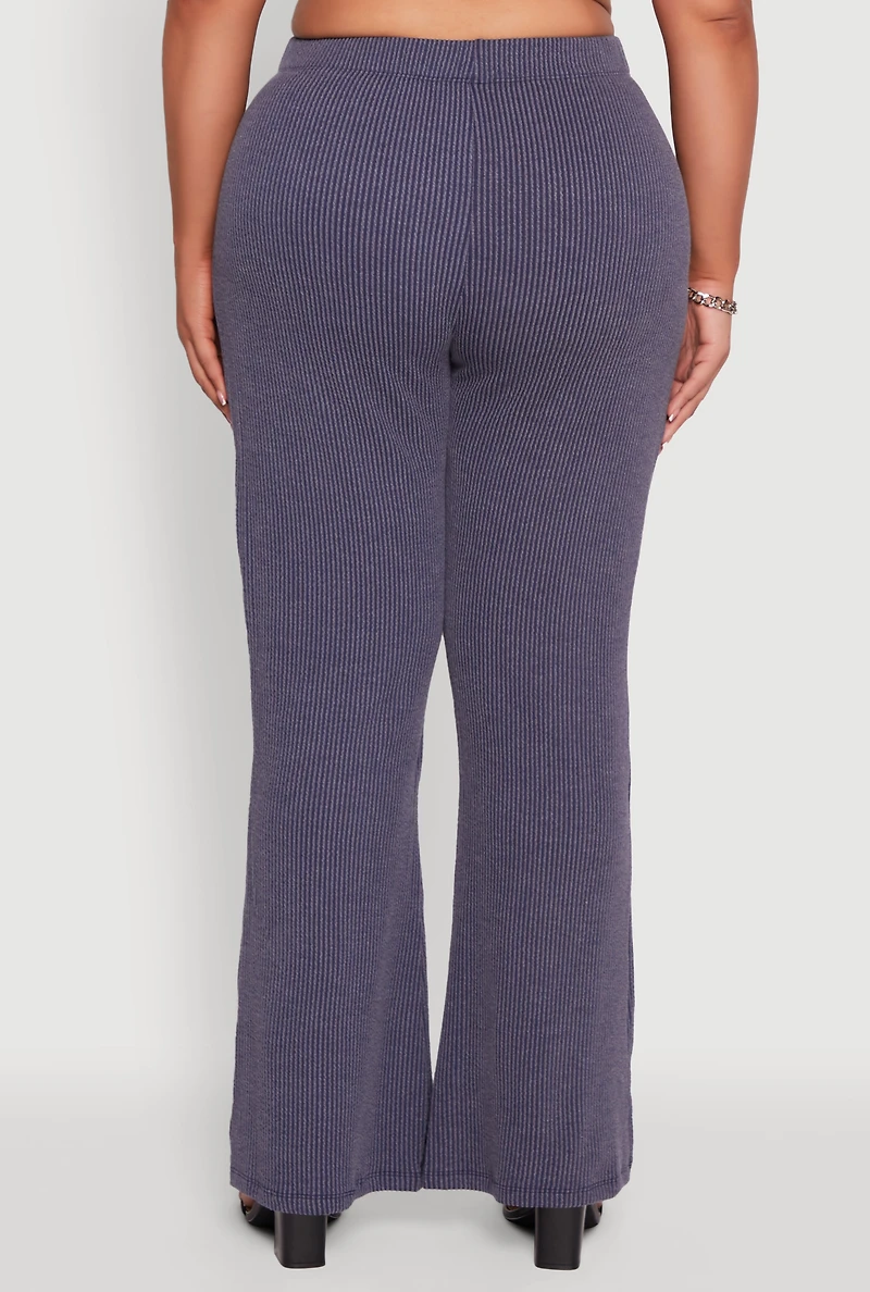 Womens Plus Size NYC Graphic High Waisted Ribbed Knit Flare Pants, Blue, Size 2X