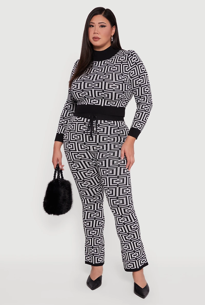 Womens Plus Size Geometric Cropped Sweater, Grey, Size 3X