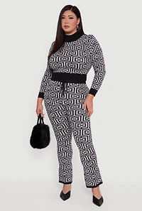 Womens Plus Size Geometric Cropped Sweater, Grey, Size 3X