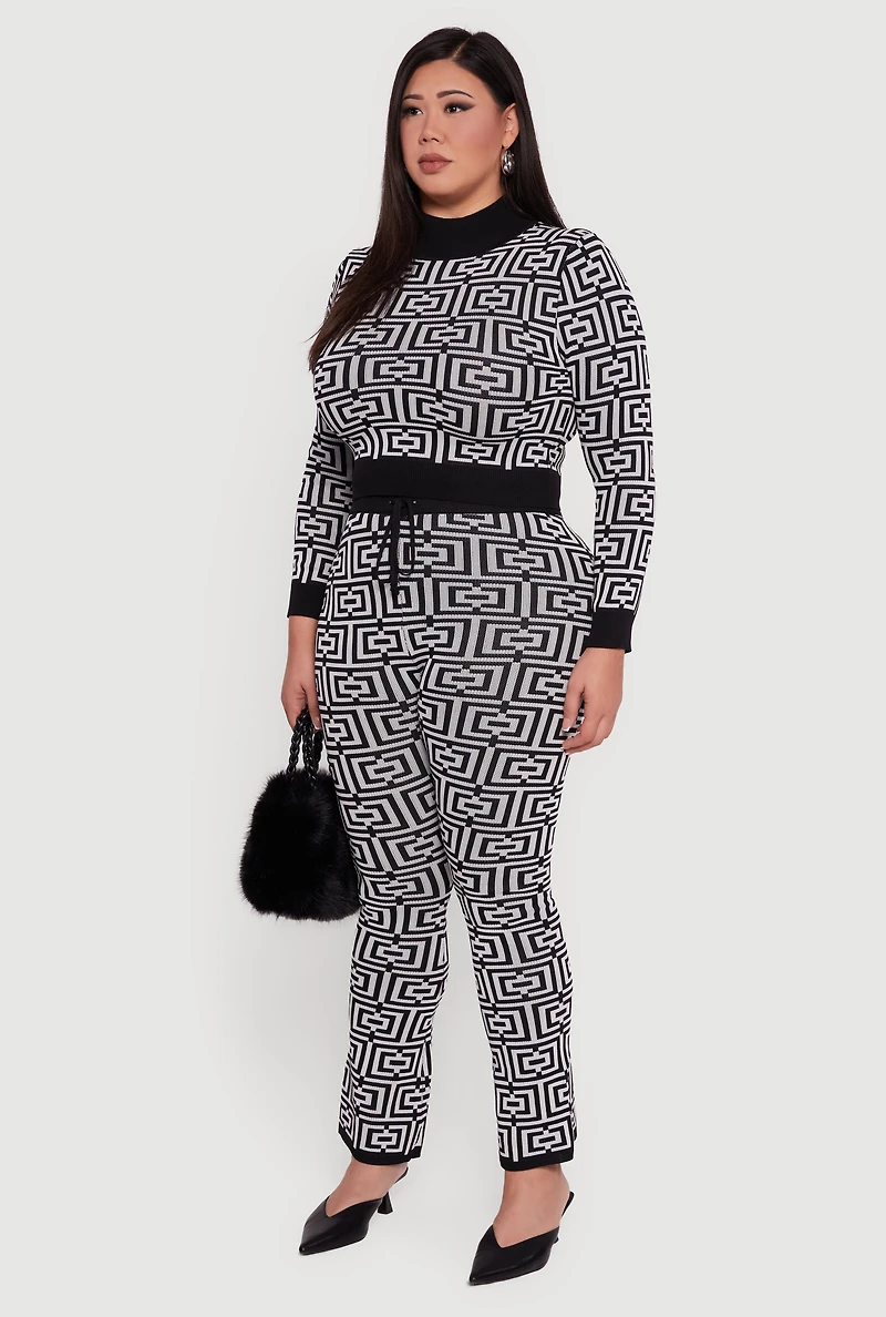 Womens Plus Size Geometric Cropped Sweater, Grey, Size 3X