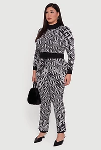 Womens Plus Size Geometric Cropped Sweater, Grey, Size 3X