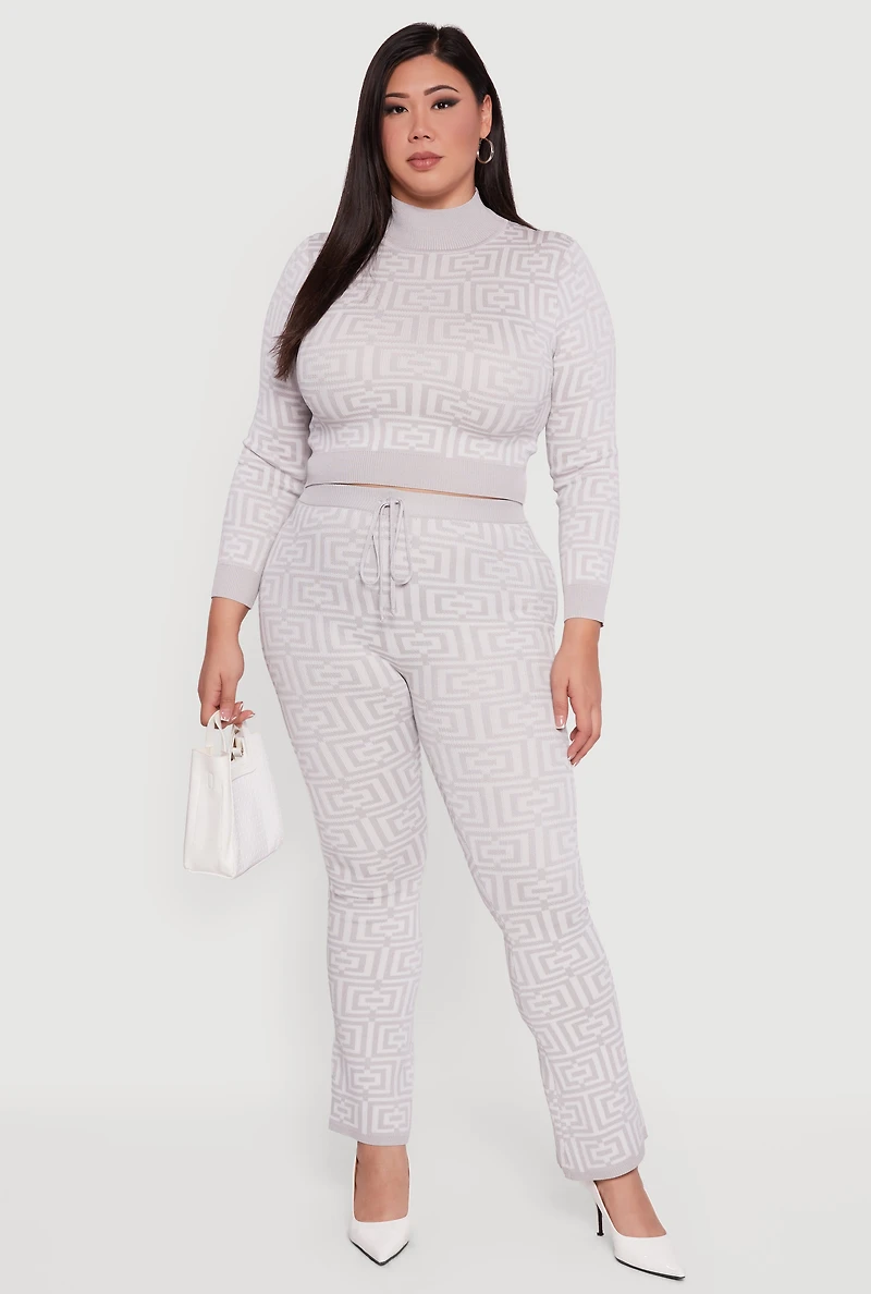 Plus Knitted Geometric Slim Bootcut Pants