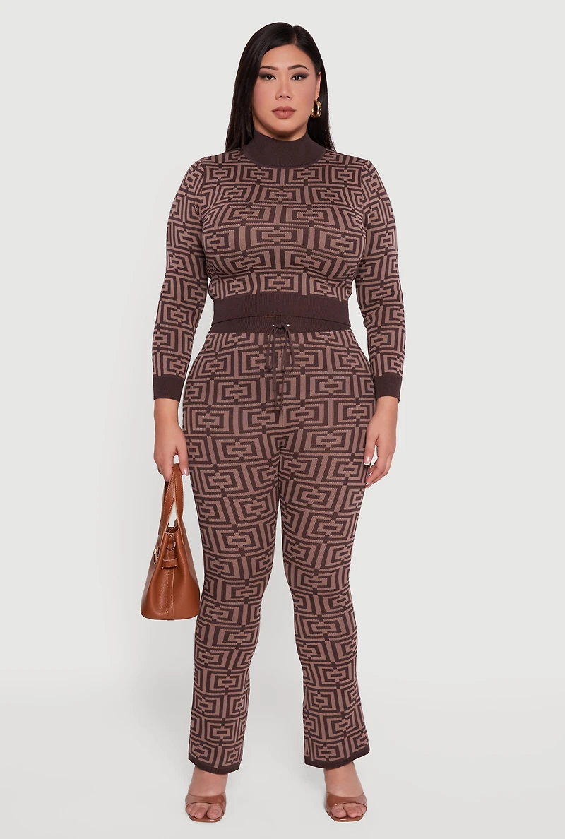 Womens Plus Size Knitted Geometric Slim Bootcut Pants, Brown, Size 1X