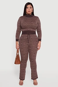 Womens Plus Size Knitted Geometric Slim Bootcut Pants, Brown, Size 1X