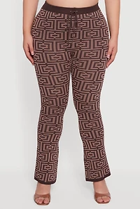 Womens Plus Knitted Geometric Slim Bootcut Pants, Brown,