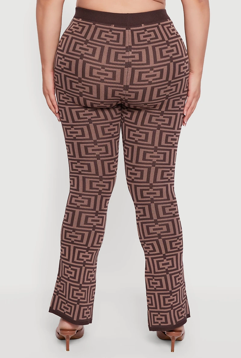 Womens Plus Knitted Geometric Slim Bootcut Pants, Brown,