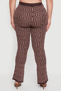 Womens Plus Knitted Geometric Slim Bootcut Pants, Brown,