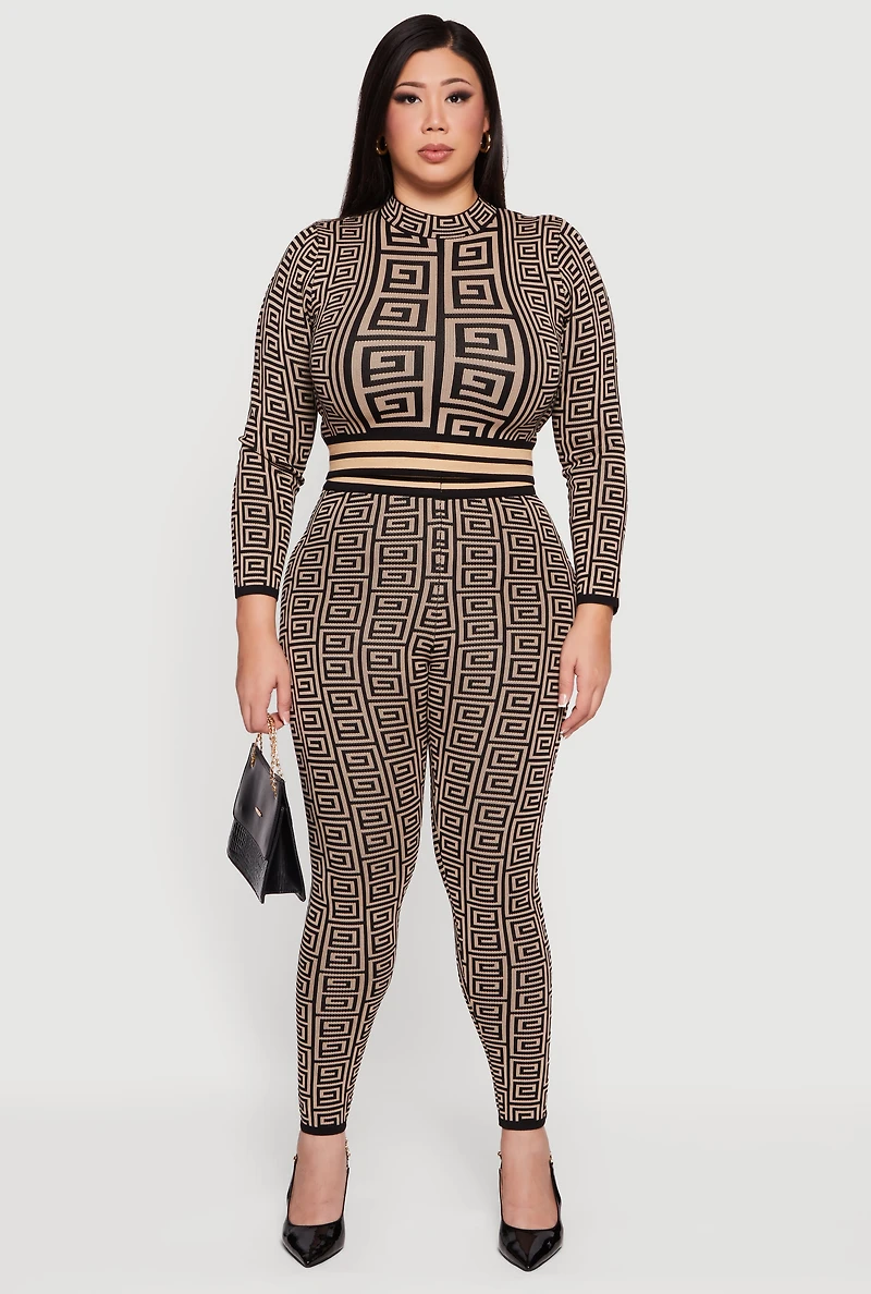 Plus Long Sleeve Geometric Print Cropped Sweater