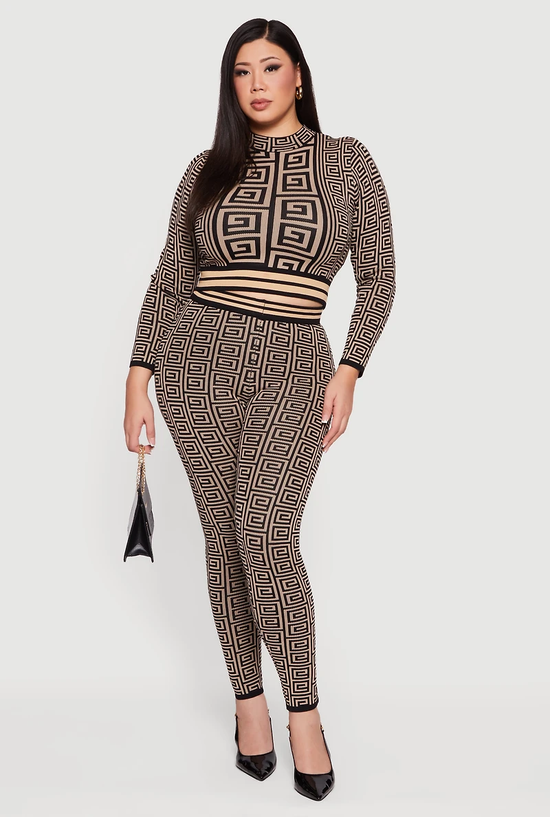 Plus Long Sleeve Geometric Print Cropped Sweater