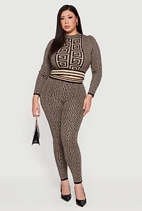 Plus Long Sleeve Geometric Print Cropped Sweater