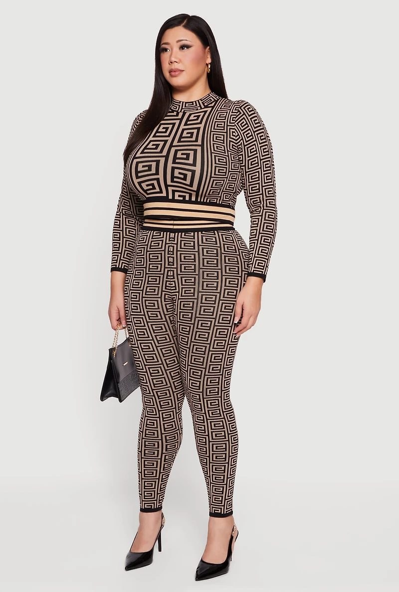 Plus Long Sleeve Geometric Print Cropped Sweater