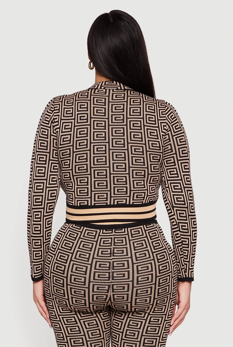 Plus Long Sleeve Geometric Print Cropped Sweater