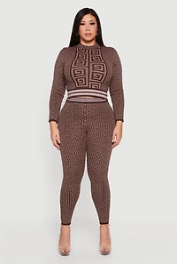 Plus Long Sleeve Geometric Print Cropped Sweater