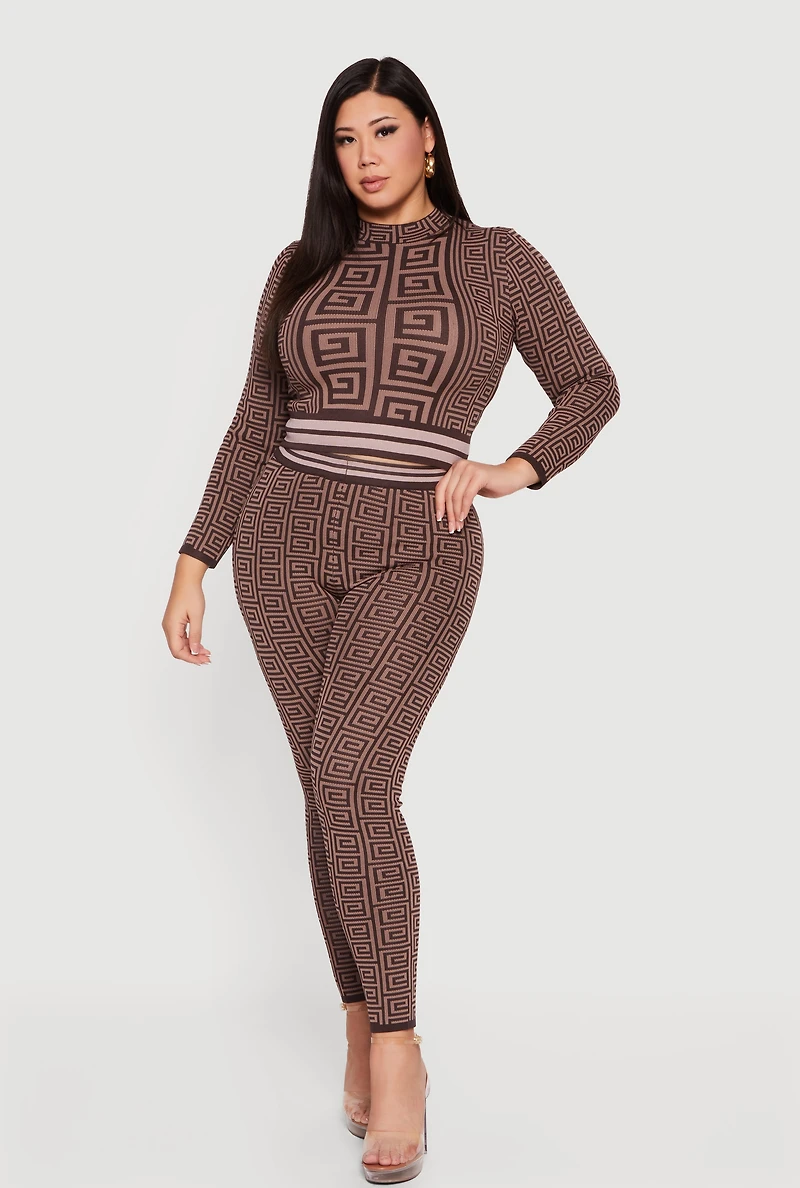 Plus Long Sleeve Geometric Print Cropped Sweater
