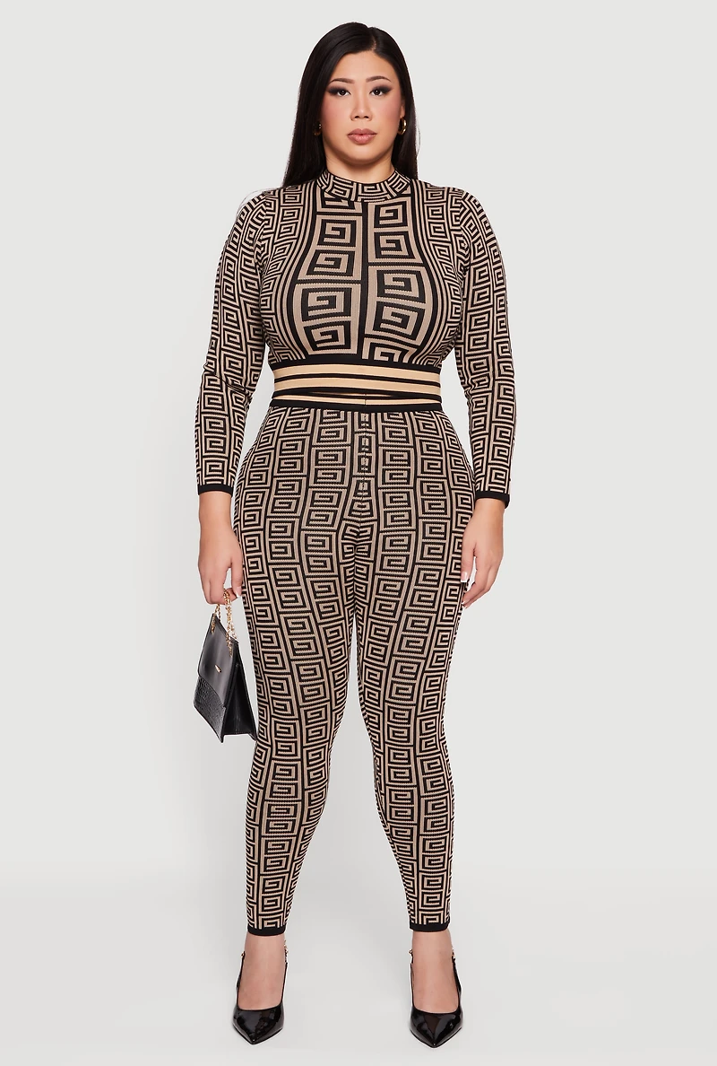 Womens Plus Size High Waisted Geometric Print Leggings, Khaki, Size 2X