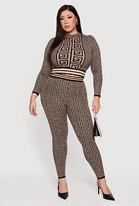 Womens Plus Size High Waisted Geometric Print Leggings, Khaki, Size 2X