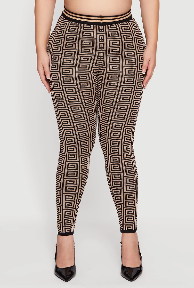 Womens Plus Size High Waisted Geometric Print Leggings, Khaki, Size 2X