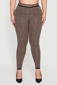 Womens Plus Size High Waisted Geometric Print Leggings, Khaki, Size 2X