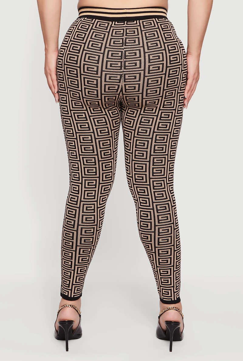 Womens Plus Size High Waisted Geometric Print Leggings, Khaki, Size 2X