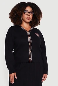 Womens Plus Striped Trim Teddy Bear Button Front Cardigan,