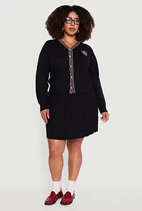 Womens Plus Striped Trim Teddy Bear Button Front Cardigan,